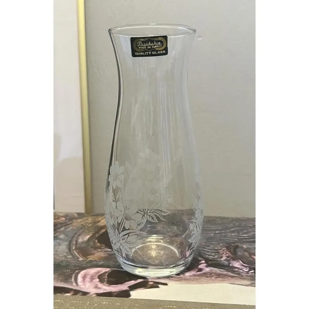 Set Of Three Vintage Green And Clear Glass Vases With Floral And Hobnail Designs